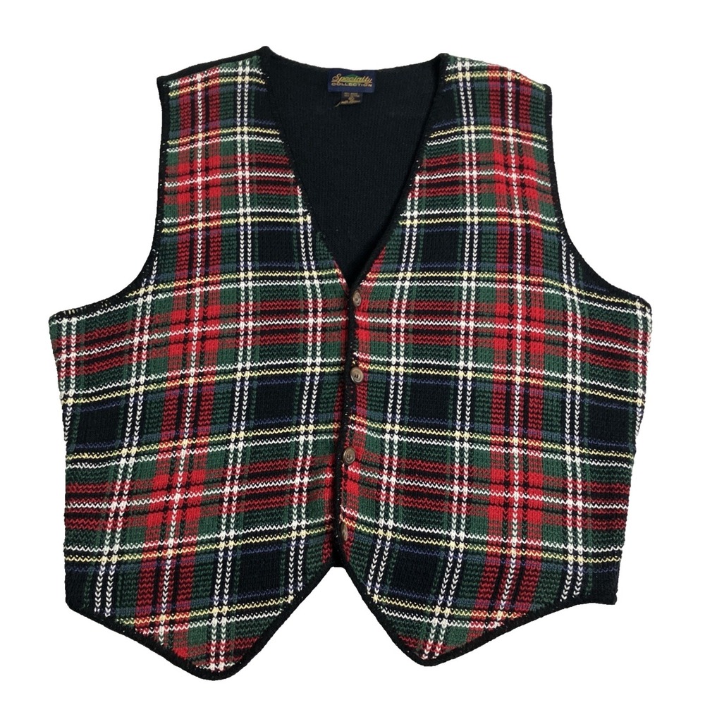 Vintage 90s Specialty Collection Sweater Vest XL 1X Plaid Knit‎ Retro Cabincore